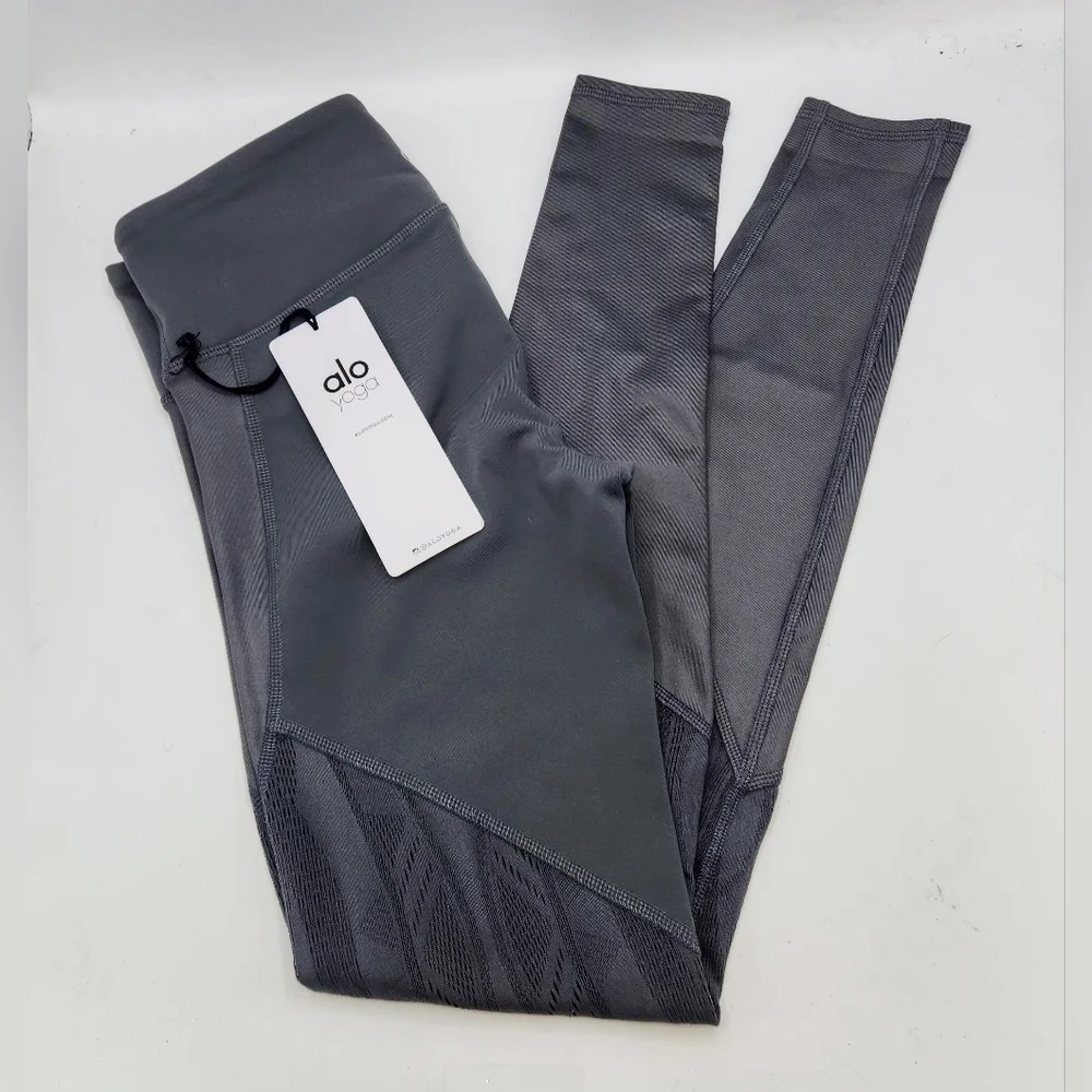 ALO YOGA VITALITY LEGGING LIVELY LACE IN SLATE GLOSSY SIZE XS